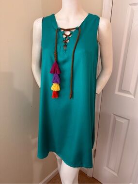 Turquoise Shift Dress with Brown Trim - Judith March